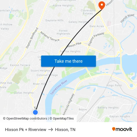 Hixson Pk + Riverview to Hixson, TN map