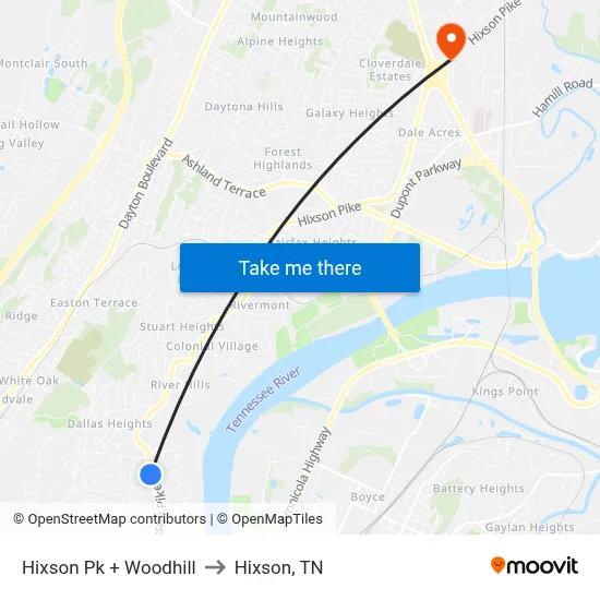 Hixson Pk + Woodhill to Hixson, TN map