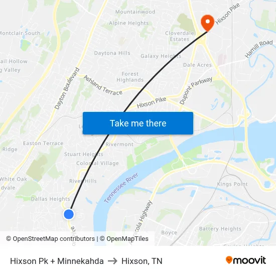 Hixson Pk + Minnekahda to Hixson, TN map