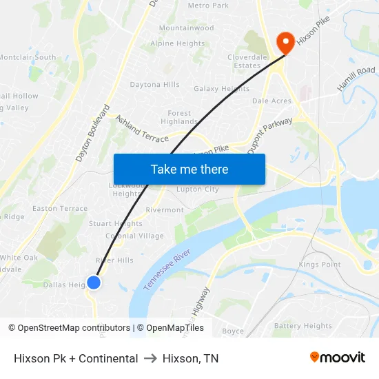 Hixson Pk + Continental to Hixson, TN map