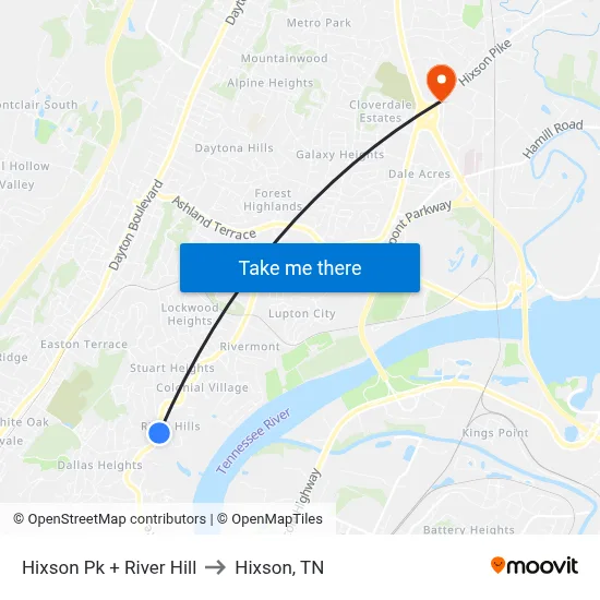 Hixson Pk + River Hill to Hixson, TN map