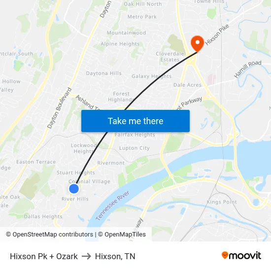 Hixson Pk + Ozark to Hixson, TN map