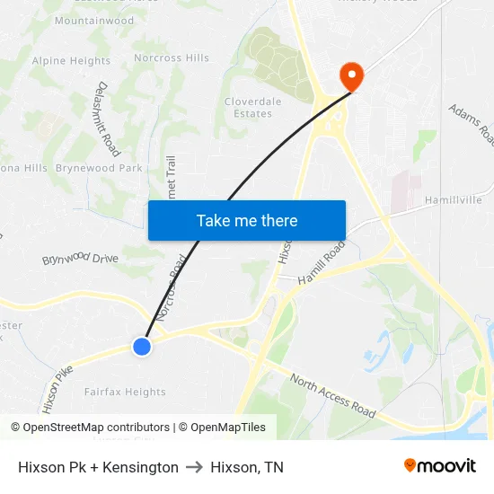 Hixson Pk + Kensington to Hixson, TN map