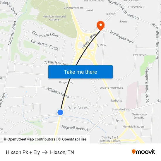 Hixson Pk + Ely to Hixson, TN map