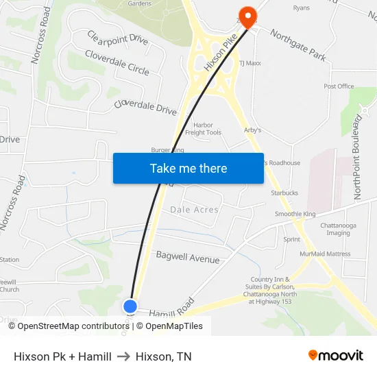 Hixson Pk + Hamill to Hixson, TN map