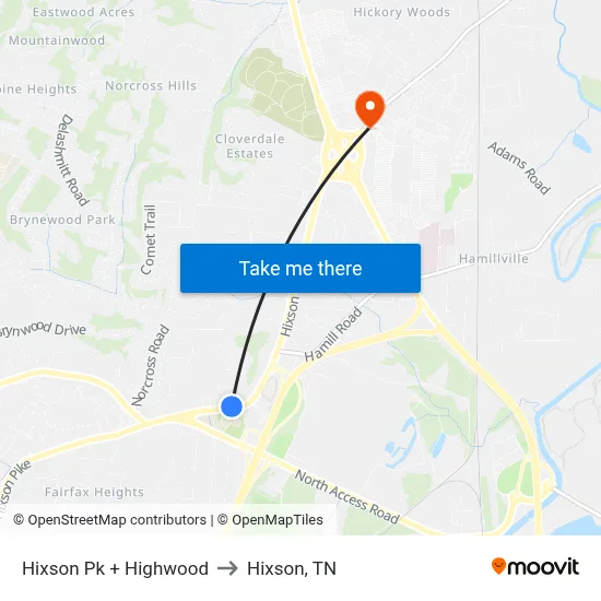 Hixson Pk + Highwood to Hixson, TN map