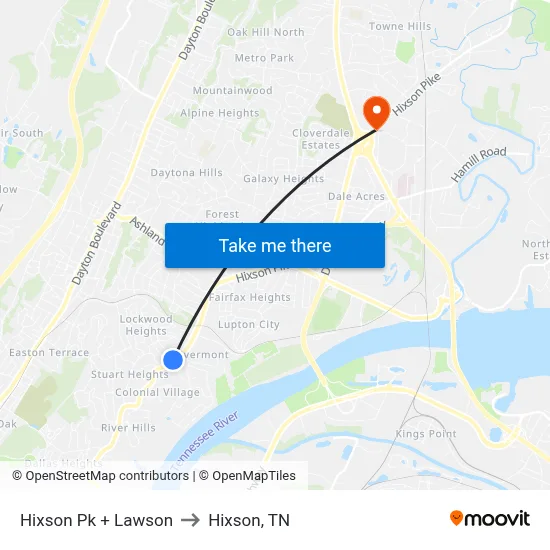 Hixson Pk + Lawson to Hixson, TN map