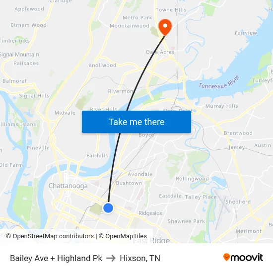 Bailey Ave + Highland Pk to Hixson, TN map