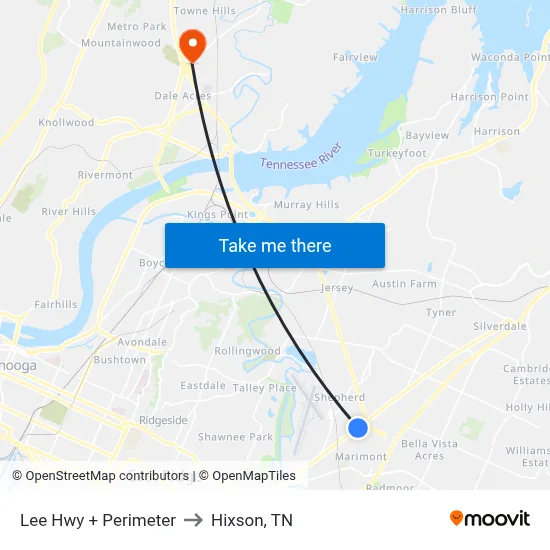 Lee Hwy + Perimeter to Hixson, TN map