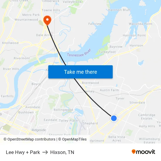 Lee Hwy + Park to Hixson, TN map