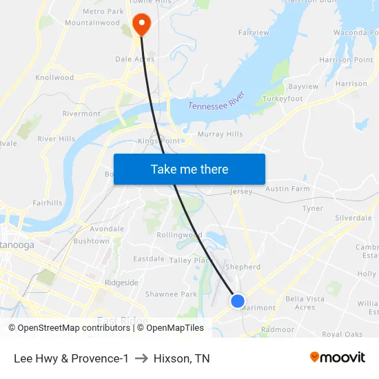 Lee Hwy & Provence-1 to Hixson, TN map