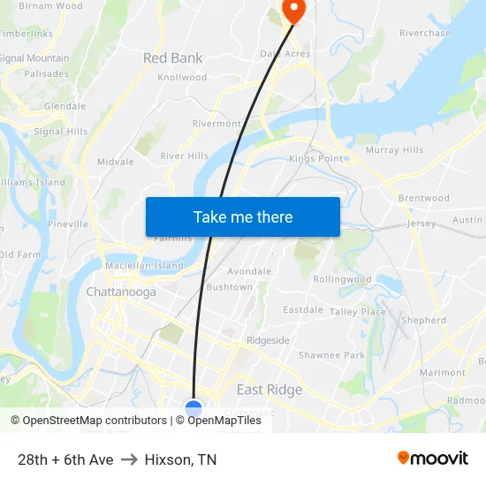 28th + 6th Ave to Hixson, TN map