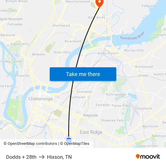 Dodds + 28th to Hixson, TN map
