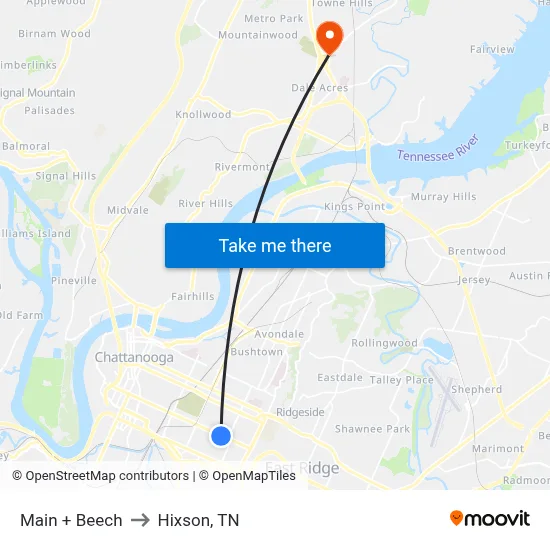 Main + Beech to Hixson, TN map