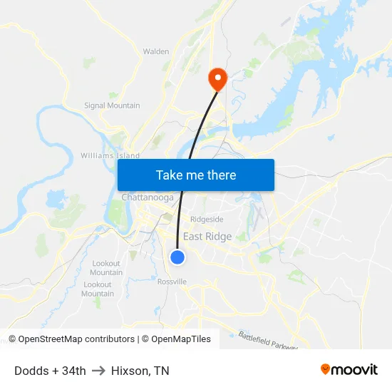 Dodds + 34th to Hixson, TN map