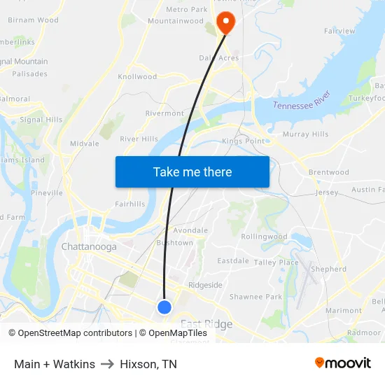 Main + Watkins to Hixson, TN map