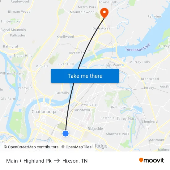 Main + Highland Pk to Hixson, TN map