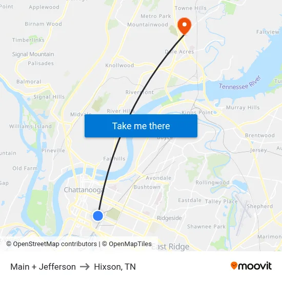 Main + Jefferson to Hixson, TN map