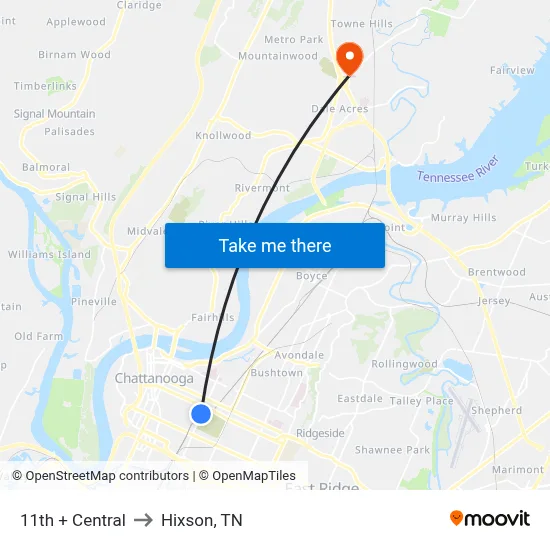 11th + Central to Hixson, TN map