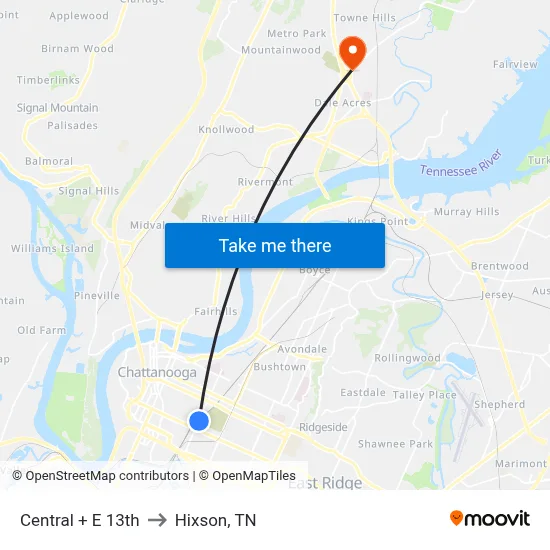 Central + E 13th to Hixson, TN map