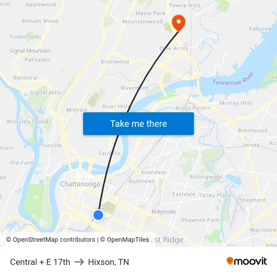 Central + E 17th to Hixson, TN map