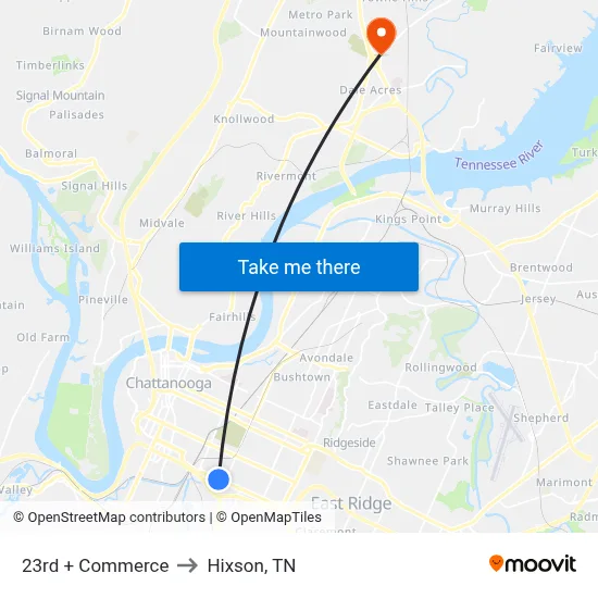 23rd + Commerce to Hixson, TN map