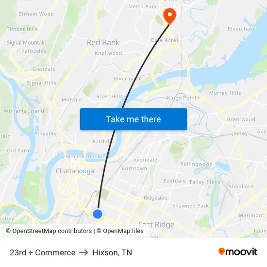 23rd + Commerce to Hixson, TN map