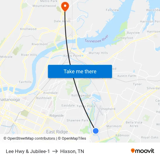 Lee Hwy & Jubilee-1 to Hixson, TN map