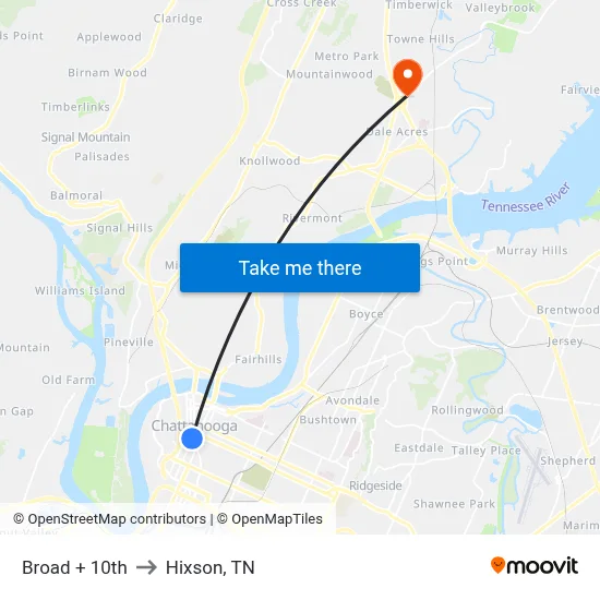 Broad + 10th to Hixson, TN map