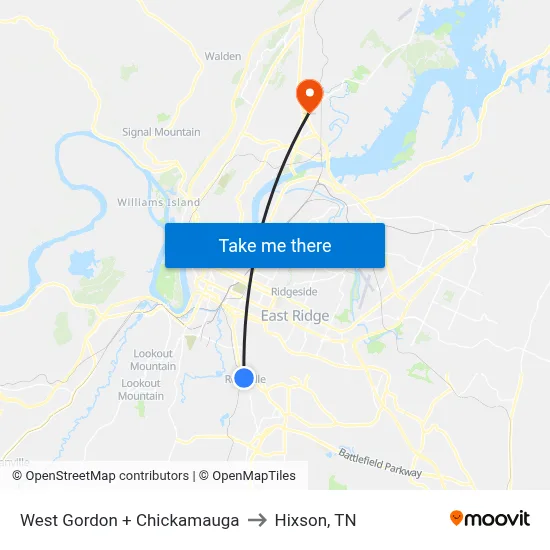 West Gordon + Chickamauga to Hixson, TN map