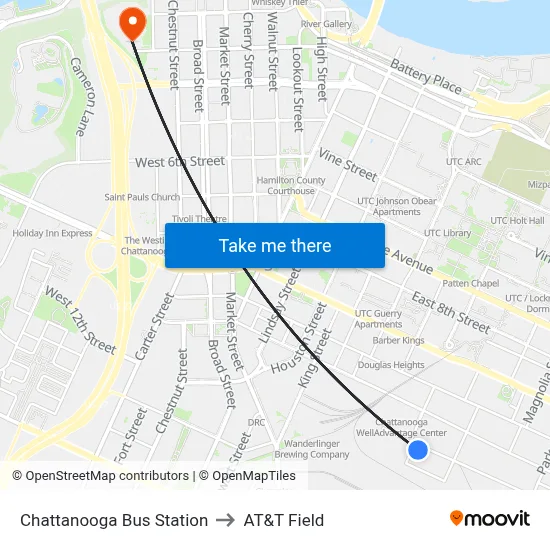 Chattanooga Bus Station to AT&T Field map