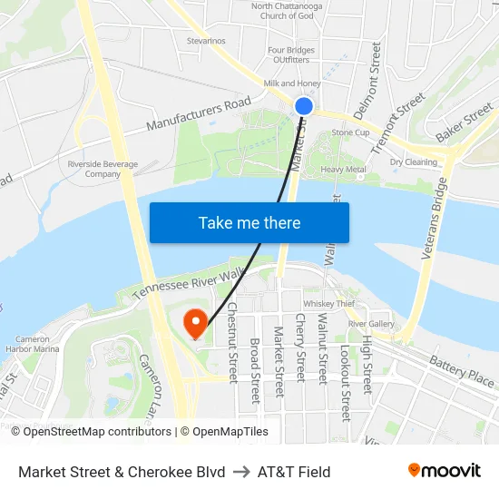 Market Street & Cherokee Blvd to AT&T Field map