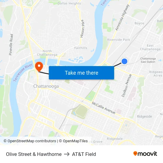 Olive Street & Hawthorne to AT&T Field map
