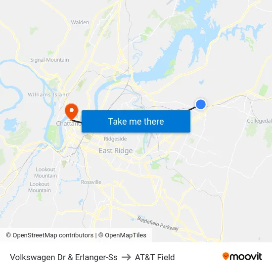 Volkswagen Dr & Erlanger-Ss to AT&T Field map