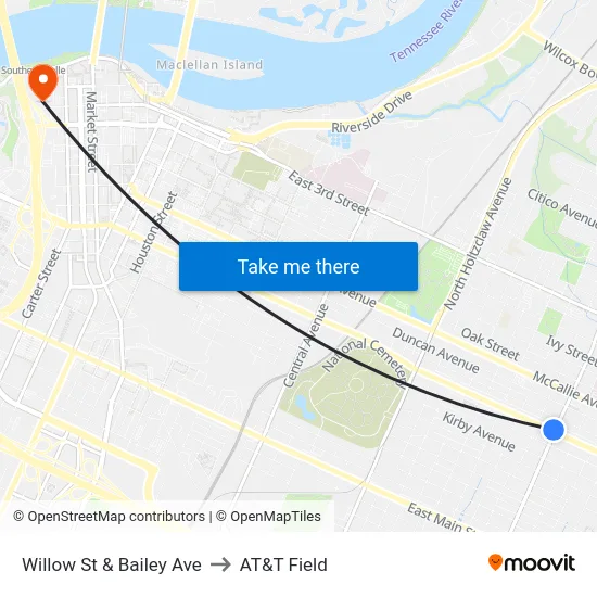 Willow St & Bailey Ave to AT&T Field map