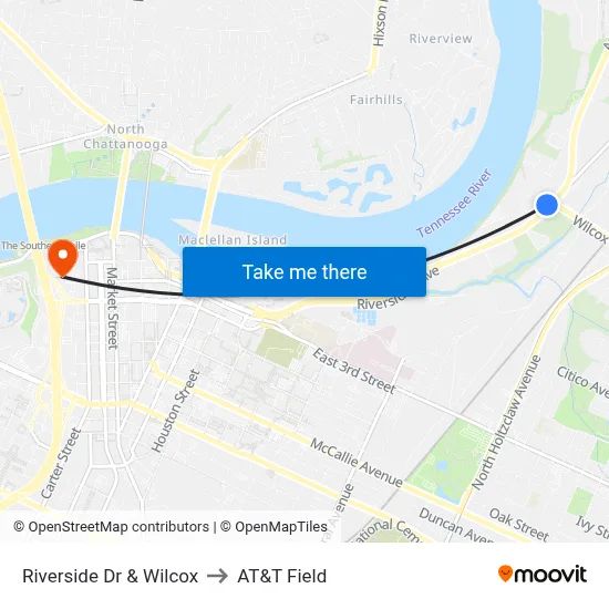 Riverside Dr & Wilcox to AT&T Field map