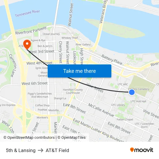 5th & Lansing to AT&T Field map