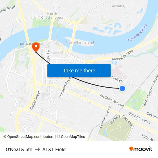 O'Neal & 5th to AT&T Field map