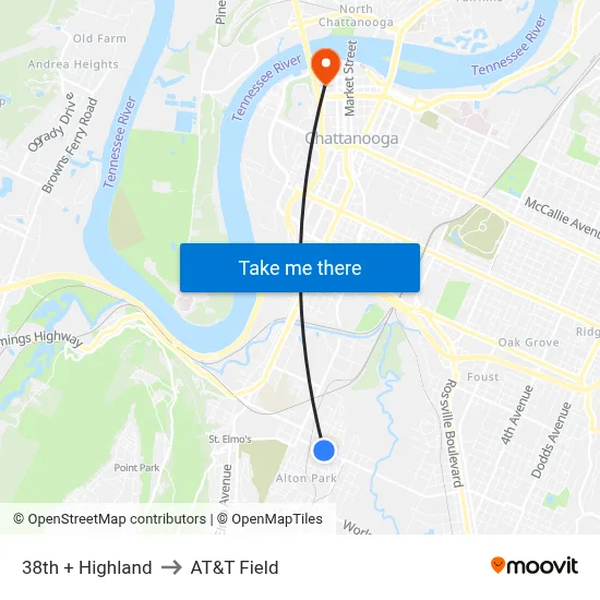 38th + Highland to AT&T Field map