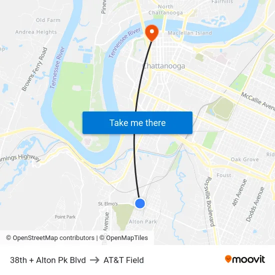38th + Alton Pk Blvd to AT&T Field map