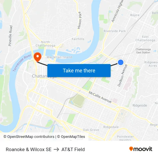 Roanoke & Wilcox SE to AT&T Field map