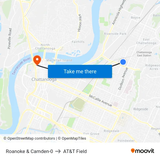 Roanoke & Camden-0 to AT&T Field map