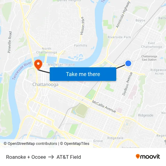 Roanoke + Ocoee to AT&T Field map