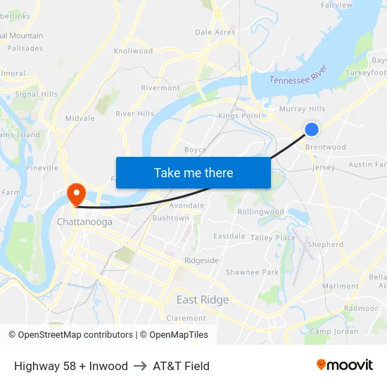 Highway 58 + Inwood to AT&T Field map