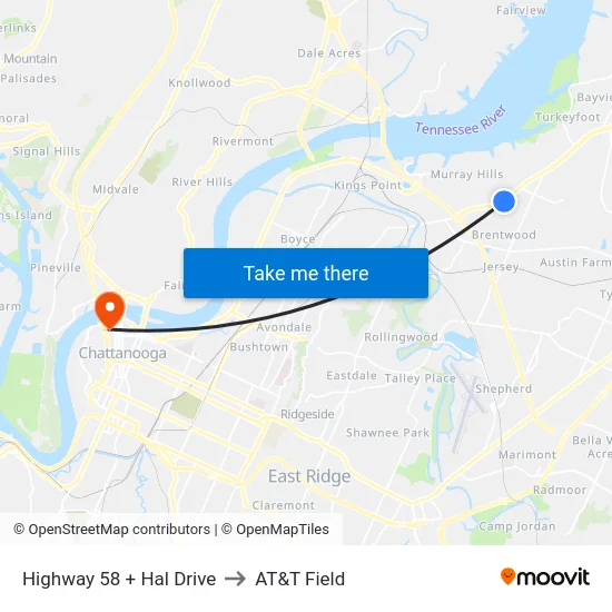 Highway 58 + Hal Drive to AT&T Field map