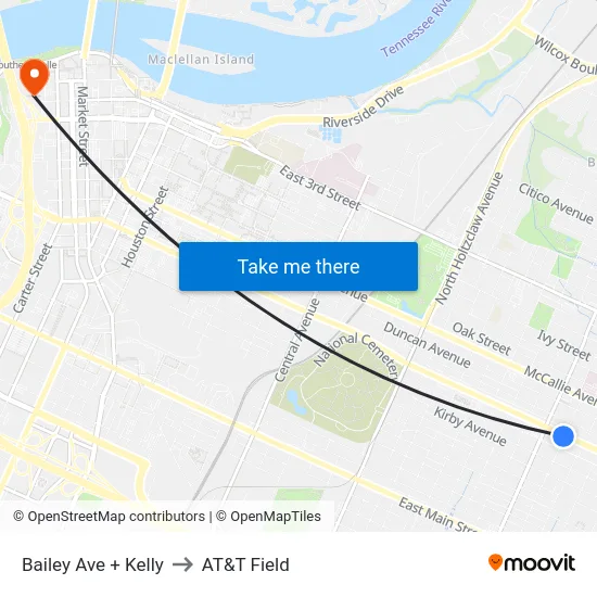 Bailey Ave + Kelly to AT&T Field map