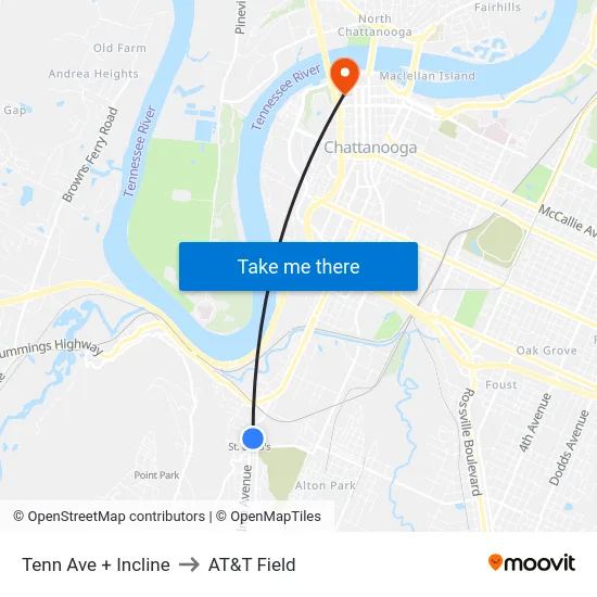 Tenn Ave + Incline to AT&T Field map