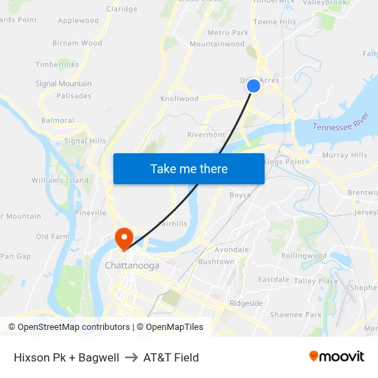 Hixson Pk + Bagwell to AT&T Field map