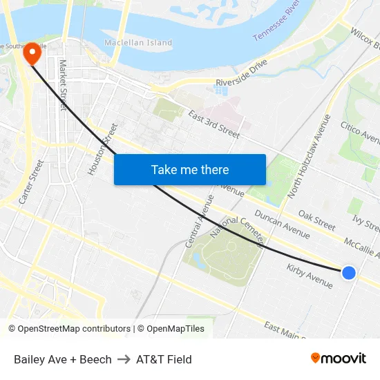 Bailey Ave + Beech to AT&T Field map