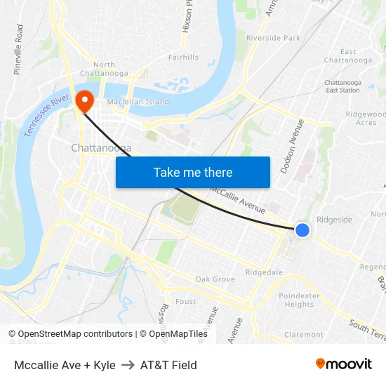 Mccallie Ave + Kyle to AT&T Field map